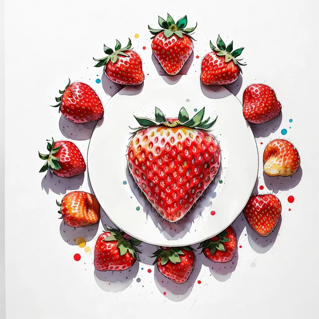 Circular Design, Logo Art, (Strawberry and dog design),(On the table), Fantasy, colorful, Vintage,  Charm: White Background, Vulgar art, Digital Illustration, Shine; Gash, 16K, Minimal, Doodle, society, Solarpunk, Crispy quality, sharp, bright, Volumetric lighting, Complex, Plenty of negative white space, As a logo,