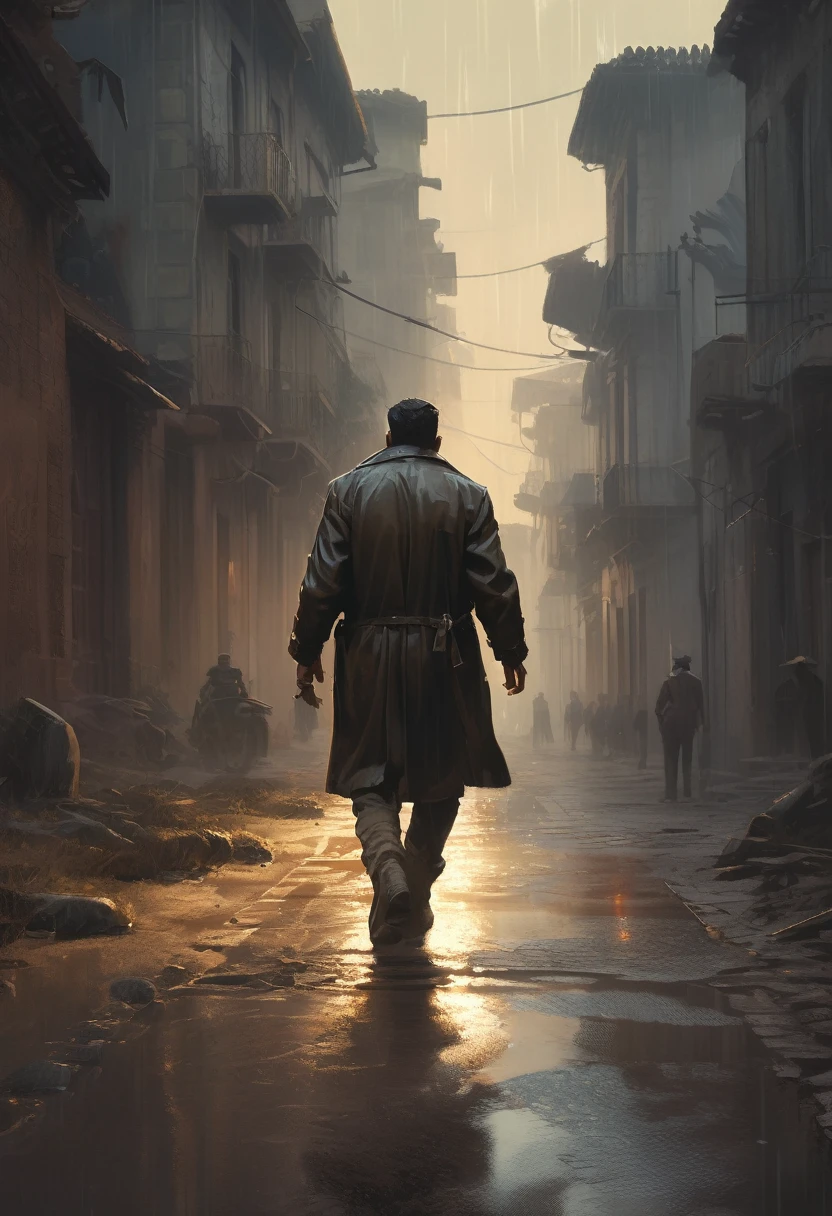 a man looking at the end of a straight road, the light of freedom ahead, a man's hands raised in triumph, rain, the old city, feet buried in the mud on the road, masterpiece, best quality, (highly detailed CG unity 8k wallpaper), (best quality) , (best illustration ), (best shadows), absurd, realistic lighting, (Abyss), beautiful light details, artwork by PeterMohrBacher,