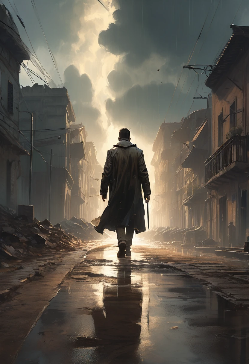 a man looking at the end of a straight road, the light of freedom ahead, a man's hands raised in triumph, rain, the old city, feet buried in the mud on the road, masterpiece, best quality, (highly detailed CG unity 8k wallpaper), (best quality) , (best illustration ), (best shadows), absurd, realistic lighting, (Abyss), beautiful light details, artwork by PeterMohrBacher,