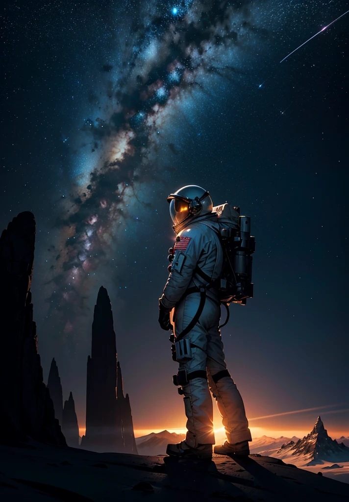 An astronaut stands in awe, gazing up at a colossal mountain that looms majestically in front of them on the Martian surface. The scene is bathed in the soft, ethereal glow of a starry night sky, with countless stars casting their light over the barren, rocky landscape. The mountain, with its rugged and imposing features, rises high into the sky, its peak disappearing into the darkness.
The astronaut's suit, faintly illuminated by the lights from their helmet, adds a touch of human presence to the vast, alien terrain. Scattered rocks and stones lie at their feet, while the gentle slopes and sheer cliffs of the mountain create a dramatic backdrop. The atmosphere is peaceful and contemplative, capturing the profound beauty and solitude of the Martian night as the astronaut stands still, taking in the grandeur of the towering mountain before them.