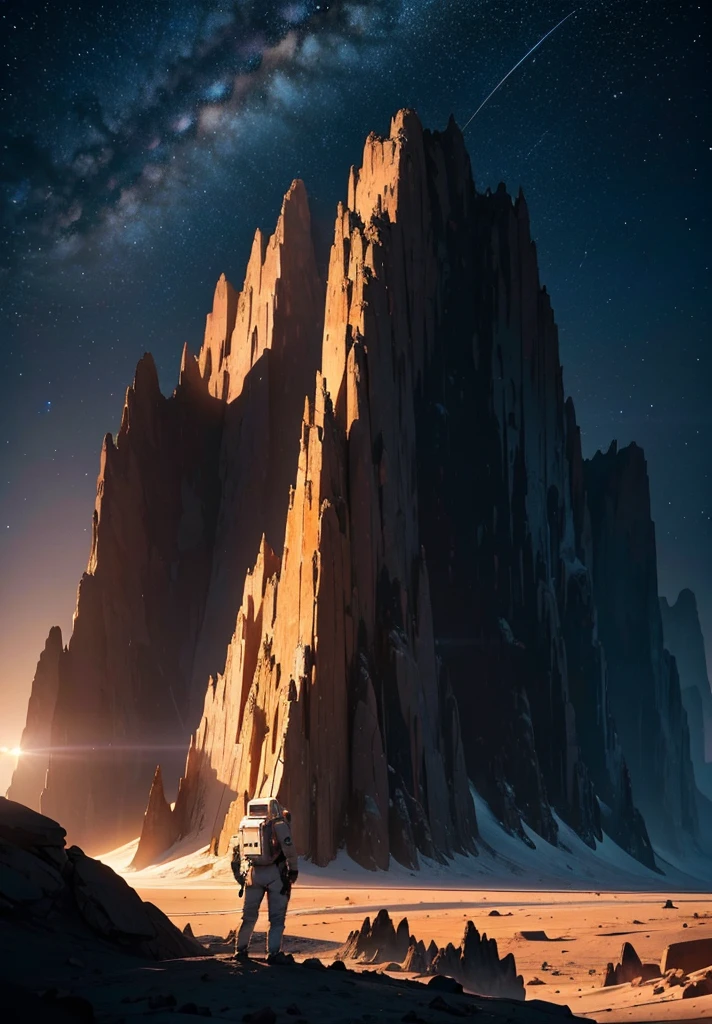 An astronaut stands in awe, gazing up at a colossal mountain that looms majestically in front of them on the Martian surface. The scene is bathed in the soft, ethereal glow of a starry night sky, with countless stars casting their light over the barren, rocky landscape. The mountain, with its rugged and imposing features, rises high into the sky, its peak disappearing into the darkness.
The astronaut's suit, faintly illuminated by the lights from their helmet, adds a touch of human presence to the vast, alien terrain. Scattered rocks and stones lie at their feet, while the gentle slopes and sheer cliffs of the mountain create a dramatic backdrop. The atmosphere is peaceful and contemplative, capturing the profound beauty and solitude of the Martian night as the astronaut stands still, taking in the grandeur of the towering mountain before them.