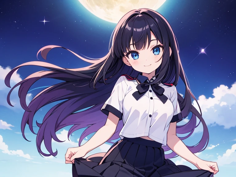 One Girl、Starry night view、ベンチに座ってStarry night viewを見ている女の子、one girl, Ultra-high resolution, highest quality,black hair、straight long、Black Hair、Neat hair、neat hair、medium bust、busty、beautiful detailed eyes、Blue Eyes、Black hair × Blue eyes、blue eyes、straight long hair、Solo,Era: Late 20s, Open your mouth without showing your teeth、Smile with mouth wide open、Open your mouth wide、Clothes with open buttons、black long sleeve blazer clothes,Black pleated skirt、Knee-high socks、