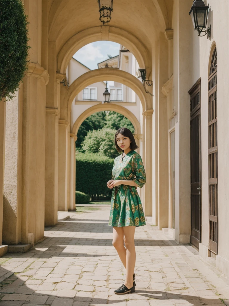 her name is Asako, high quality, 1girl, ((20-year-old fit Caucasian woman)), ((20 years old)), ((slim)), ((Korean Short Bob)), pose: standing, wearing Contemporary Generation-Z modern wear different colored, BACKGROUND: "In the fairy-tale-like gardens of the Wallenstein Palace, with its beautiful baroque architecture and peacocks roaming the grounds."