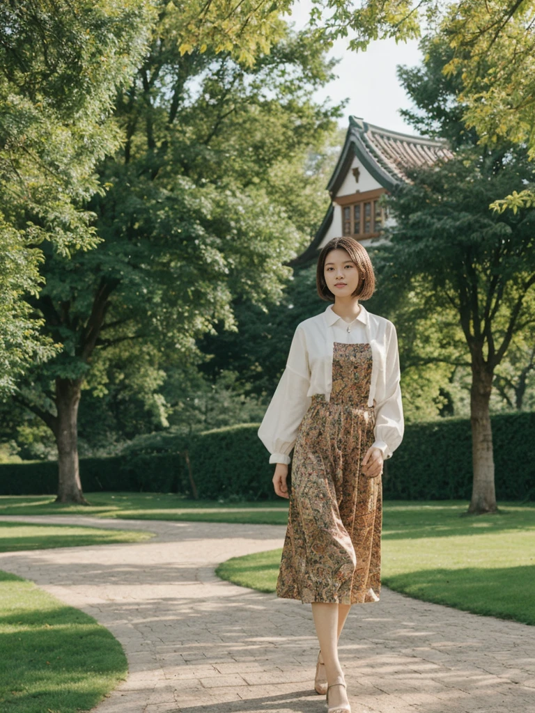 her name is Asako, high quality, 1girl, ((20-year-old fit Caucasian woman)), ((20 years old)), ((slim)), ((Korean Short Bob)), pose: standing, wearing Contemporary Generation-Z modern wear different colored, BACKGROUND: "In the fairy-tale-like gardens of the Wallenstein Palace, with its beautiful baroque architecture and peacocks roaming the grounds."