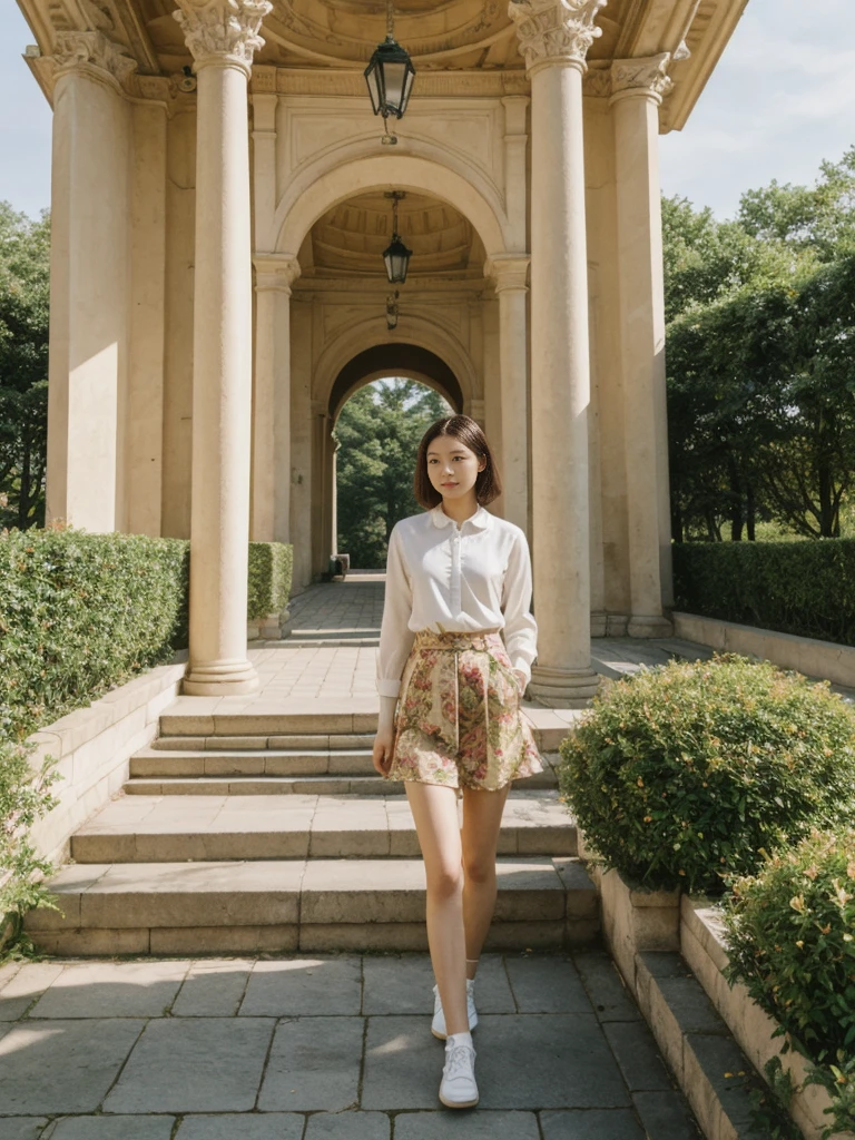 her name is Asako, high quality, 1girl, ((20-year-old fit Caucasian woman)), ((20 years old)), ((slim)), ((Korean Short Bob)), pose: standing, wearing Contemporary Generation-Z modern wear different colored, BACKGROUND: "In the fairy-tale-like gardens of the Wallenstein Palace, with its beautiful baroque architecture and peacocks roaming the grounds."