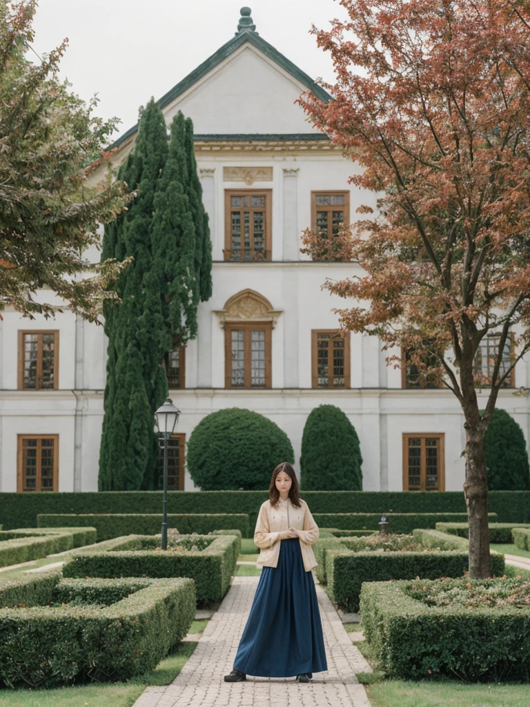 her name is Asako, high quality, 1girl, ((20-year-old fit Caucasian woman)), ((20 years old)), ((slim)), ((Korean Short Bob)), pose: standing, wearing Contemporary Generation-Z modern wear different colored, BACKGROUND: "In the fairy-tale-like gardens of the Wallenstein Palace, with its beautiful baroque architecture and peacocks roaming the grounds."