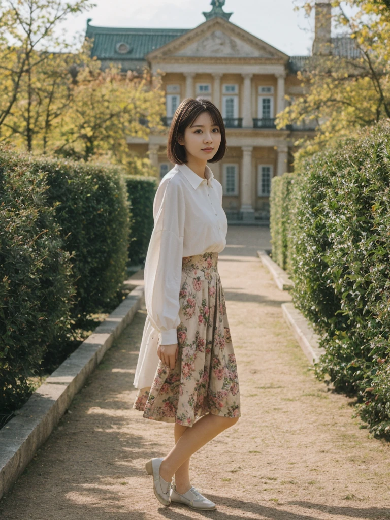 her name is Asako, high quality, 1girl, ((20-year-old fit Caucasian woman)), ((20 years old)), ((slim)), ((Korean Short Bob)), pose: standing, wearing Contemporary Generation-Z modern wear different colored, BACKGROUND: "In the fairy-tale-like gardens of the Wallenstein Palace, with its beautiful baroque architecture and peacocks roaming the grounds."
