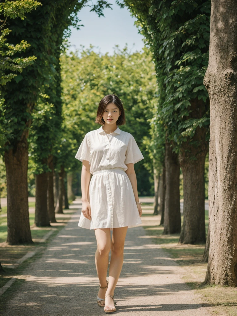 her name is Asako, high quality, 1girl, ((20-year-old fit Caucasian woman)), ((20 years old)), ((slim)), ((Korean Short Bob)), pose: standing, wearing Contemporary Generation-Z modern wear different colored, BACKGROUND: "In the fairy-tale-like gardens of the Wallenstein Palace, with its beautiful baroque architecture and peacocks roaming the grounds."