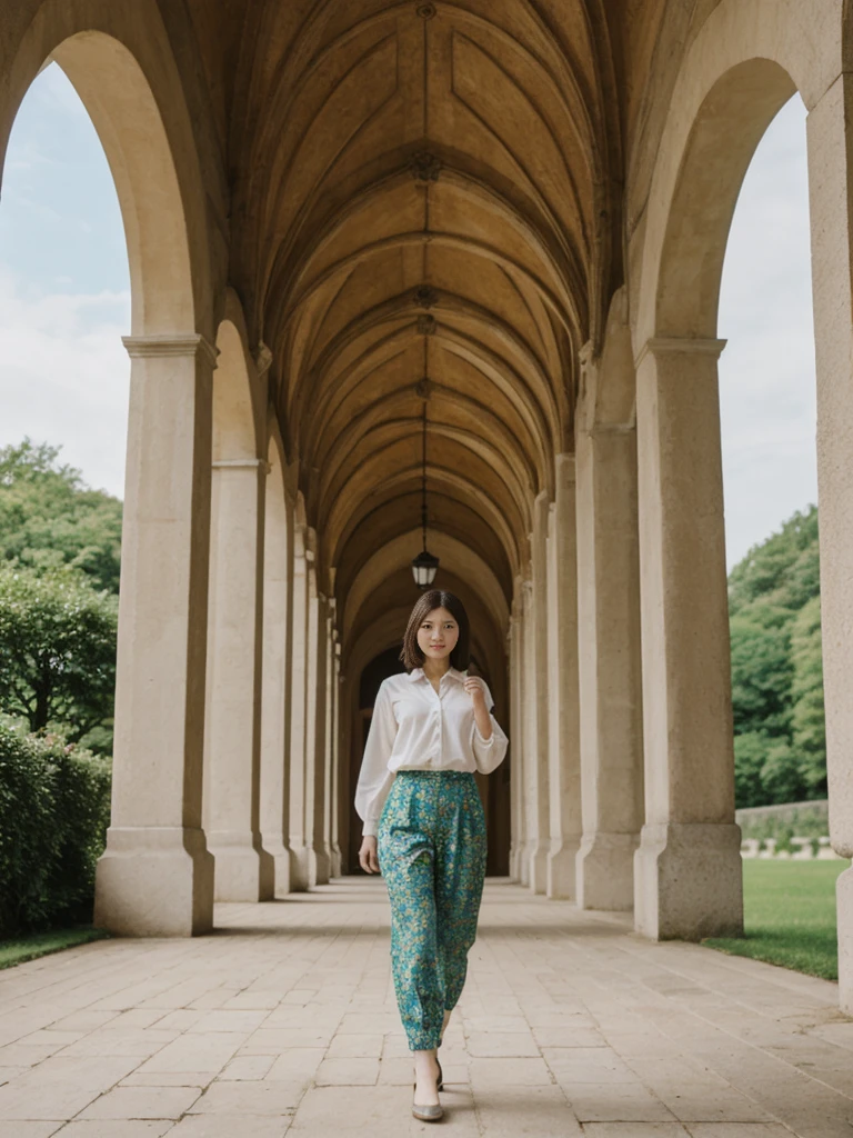 her name is Asako, high quality, 1girl, ((20-year-old fit Caucasian woman)), ((20 years old)), ((slim)), ((Korean Short Bob)), pose: standing, wearing Contemporary Generation-Z modern wear different colored, BACKGROUND: "In the fairy-tale-like gardens of the Wallenstein Palace, with its beautiful baroque architecture and peacocks roaming the grounds."