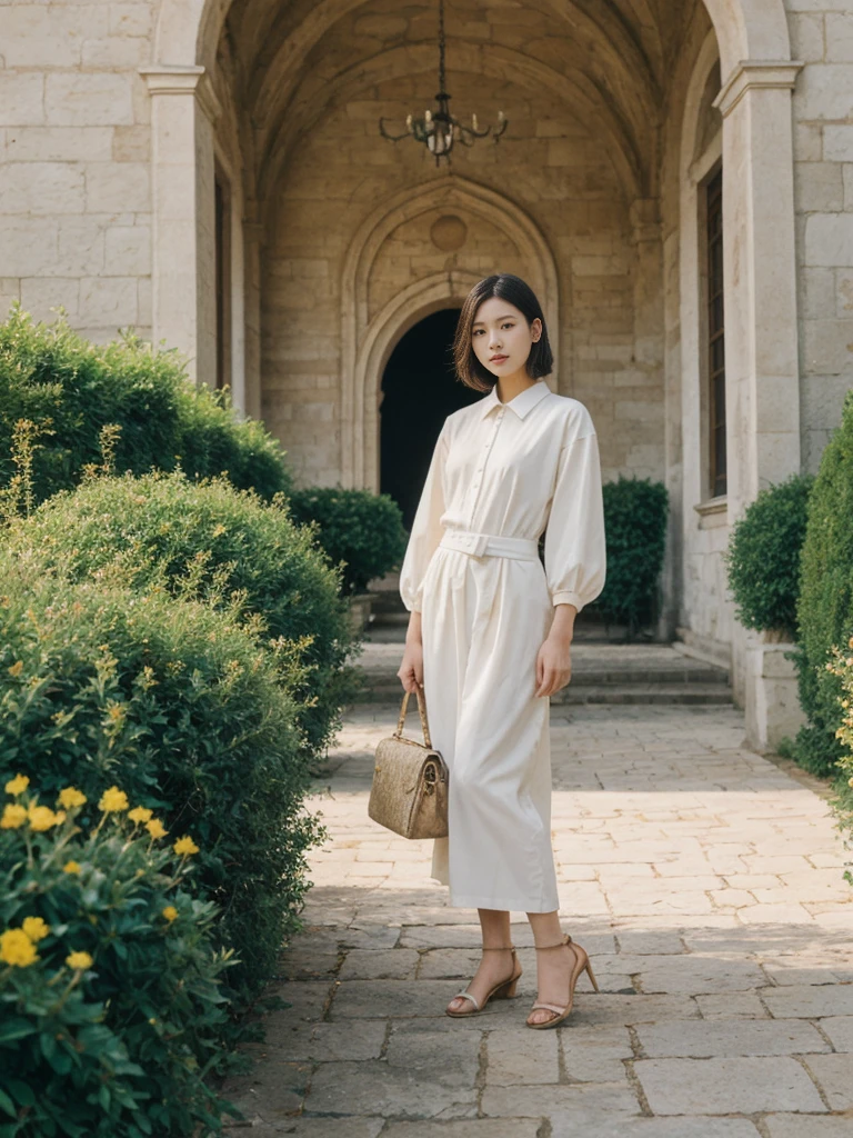 her name is Asako, high quality, 1girl, ((20-year-old fit Caucasian woman)), ((20 years old)), ((slim)), ((Korean Short Bob)), pose: standing, wearing Contemporary Generation-Z modern wear different colored, BACKGROUND: "In the fairy-tale-like gardens of the Wallenstein Palace, with its beautiful baroque architecture and peacocks roaming the grounds."