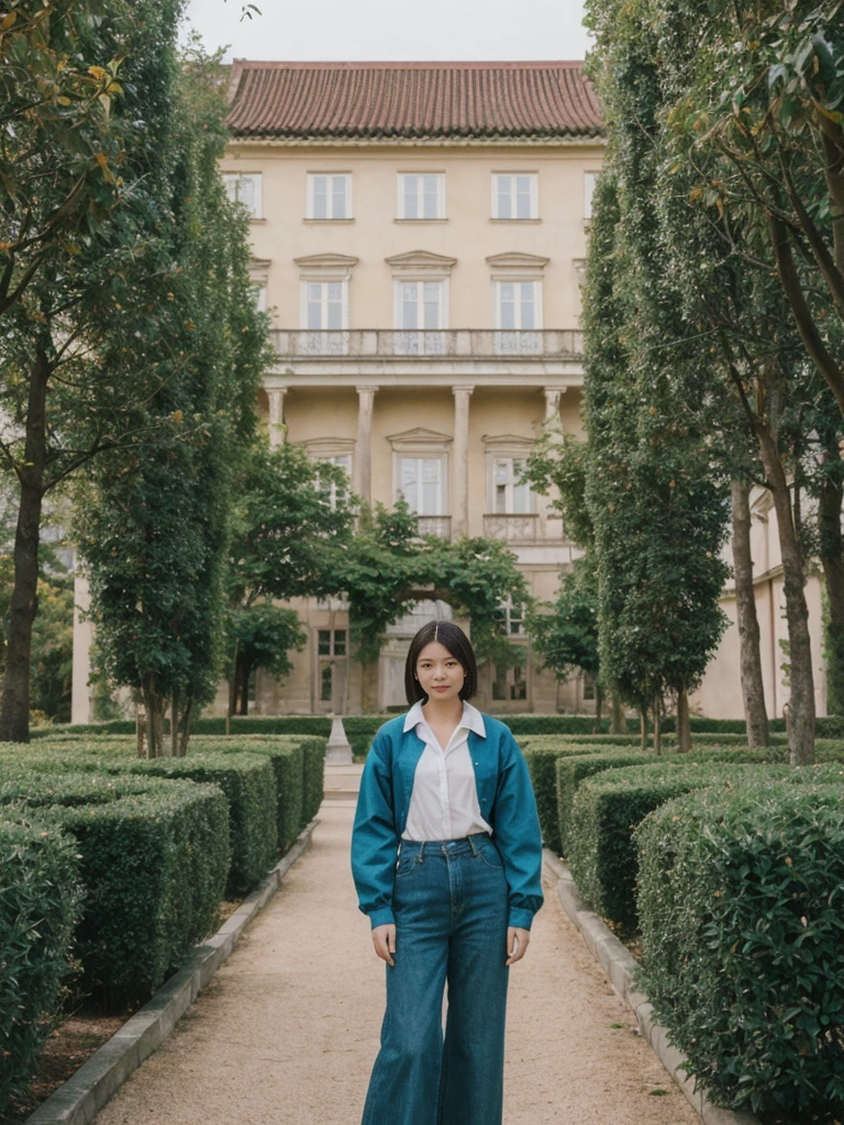 her name is Asako, high quality, 1girl, ((20-year-old fit Caucasian woman)), ((20 years old)), ((slim)), ((Korean Short Bob)), pose: standing, wearing Contemporary Generation-Z modern wear different colored, BACKGROUND: "In the fairy-tale-like gardens of the Wallenstein Palace, with its beautiful baroque architecture and peacocks roaming the grounds."