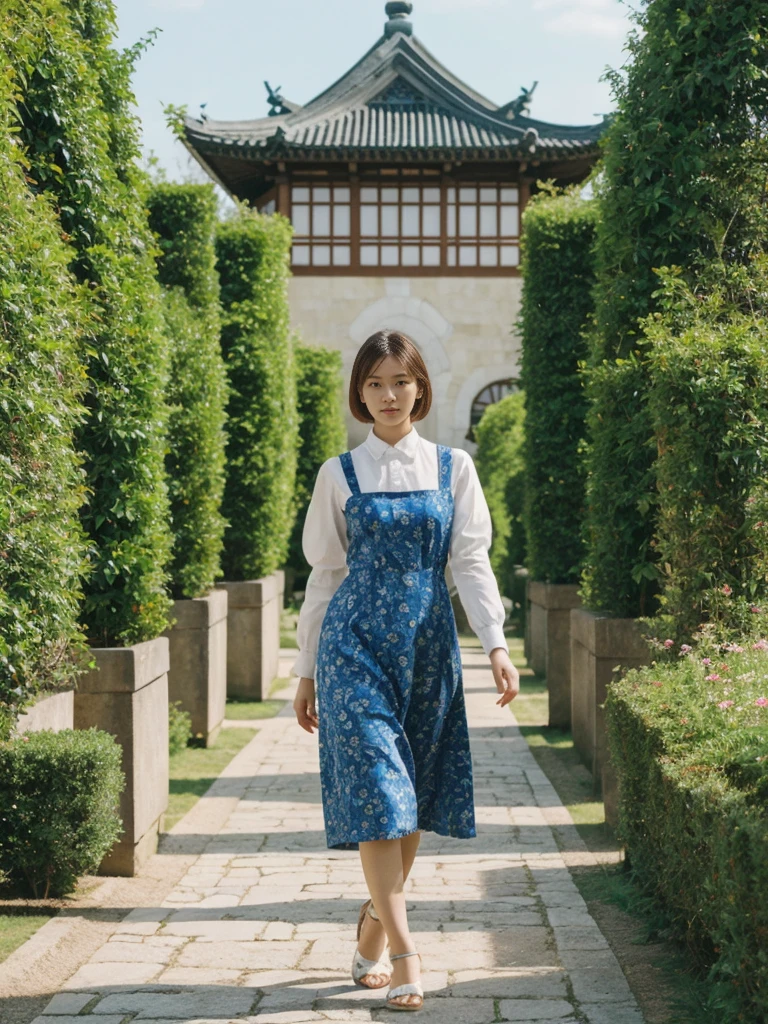 her name is Asako, high quality, 1girl, ((20-year-old fit Caucasian woman)), ((20 years old)), ((slim)), ((Korean Short Bob)), pose: standing, wearing Contemporary Generation-Z modern wear different colored, BACKGROUND: "In the fairy-tale-like gardens of the Wallenstein Palace, with its beautiful baroque architecture and peacocks roaming the grounds."