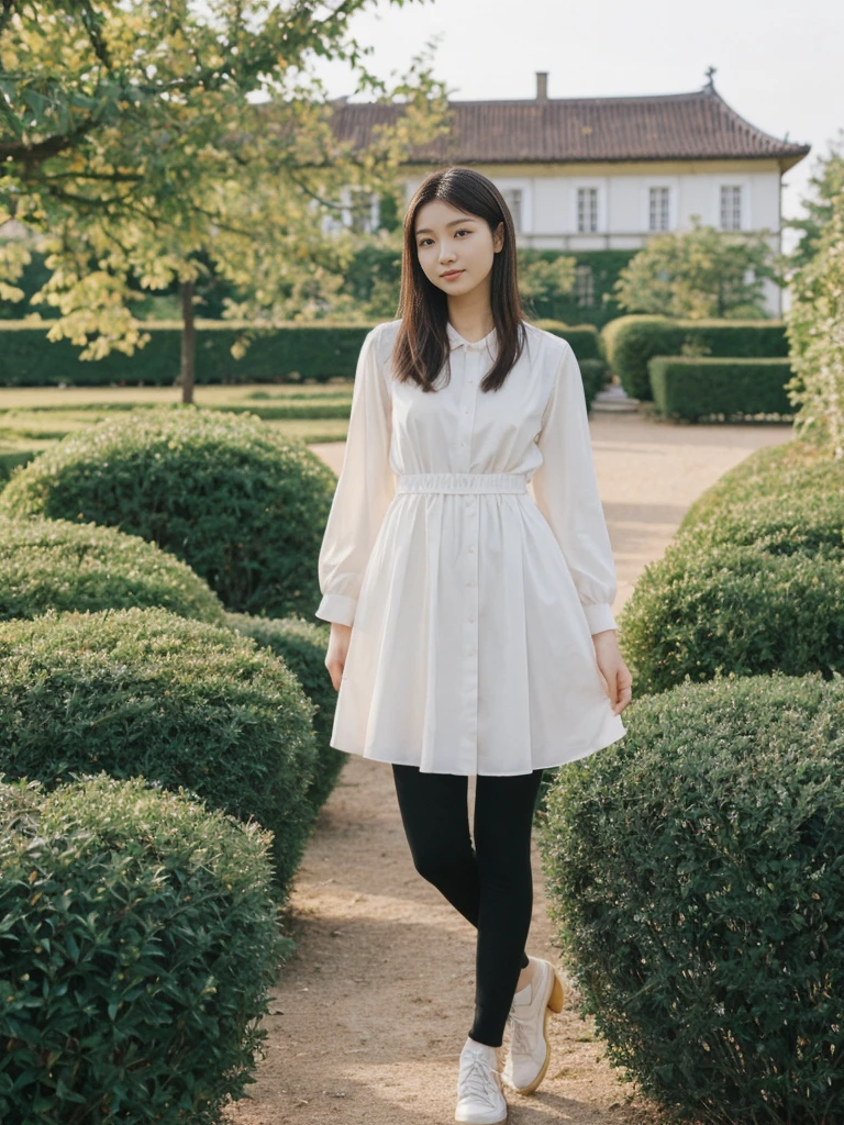 her name is Asako, high quality, 1girl, ((20-year-old fit Caucasian woman)), ((20 years old)), ((slim)), ((Korean Short Bob)), pose: standing, wearing Contemporary Generation-Z modern wear different colored, BACKGROUND: "In the fairy-tale-like gardens of the Wallenstein Palace, with its beautiful baroque architecture and peacocks roaming the grounds."