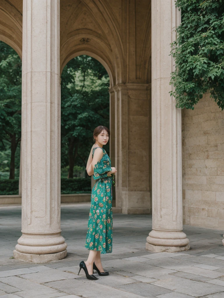 her name is Asako, high quality, 1girl, ((20-year-old fit Caucasian woman)), ((20 years old)), ((slim)), ((Korean Short Bob)), pose: standing, wearing Contemporary Generation-Z modern wear different colored, BACKGROUND: "In the fairy-tale-like gardens of the Wallenstein Palace, with its beautiful baroque architecture and peacocks roaming the grounds."