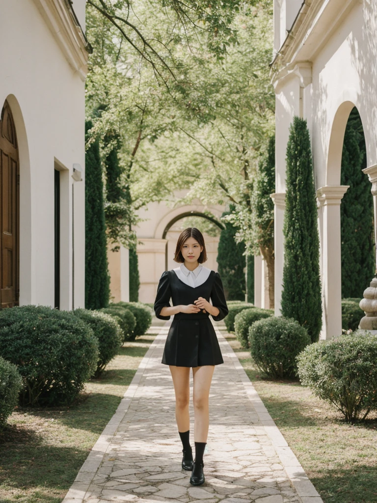 her name is Asako, high quality, 1girl, ((20-year-old fit Caucasian woman)), ((20 years old)), ((slim)), ((Korean Short Bob)), pose: standing, wearing Contemporary Generation-Z modern wear different colored, BACKGROUND: "In the fairy-tale-like gardens of the Wallenstein Palace, with its beautiful baroque architecture and peacocks roaming the grounds."