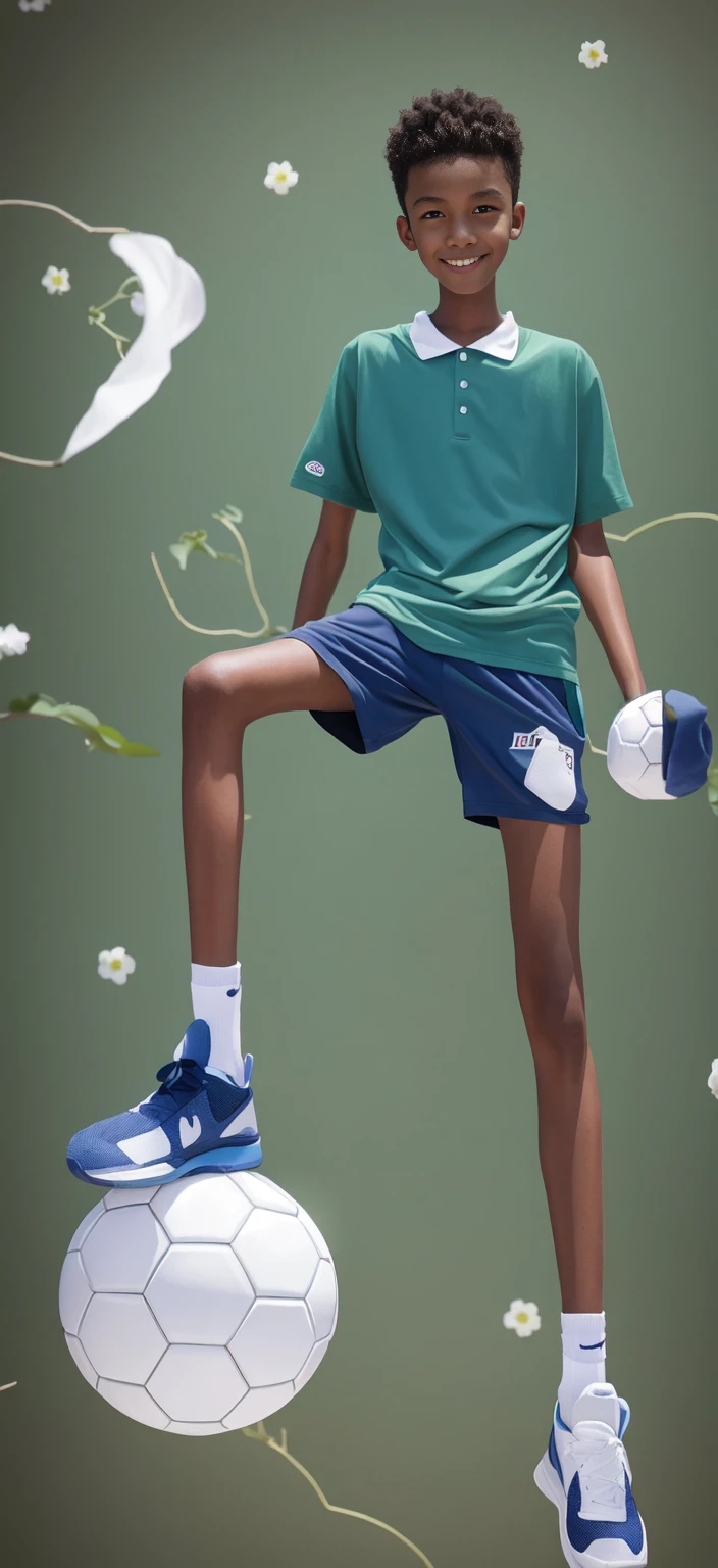 14 year old boy，（Wearing white tennis clothes，Wearing green socks），Dark skin，Big round eyes，Very short hair，Tall and skinny，Toothy Smile，Sharpen details，Knee muscle lines，Blue Background，Hold a bouquet of flowers in your hand