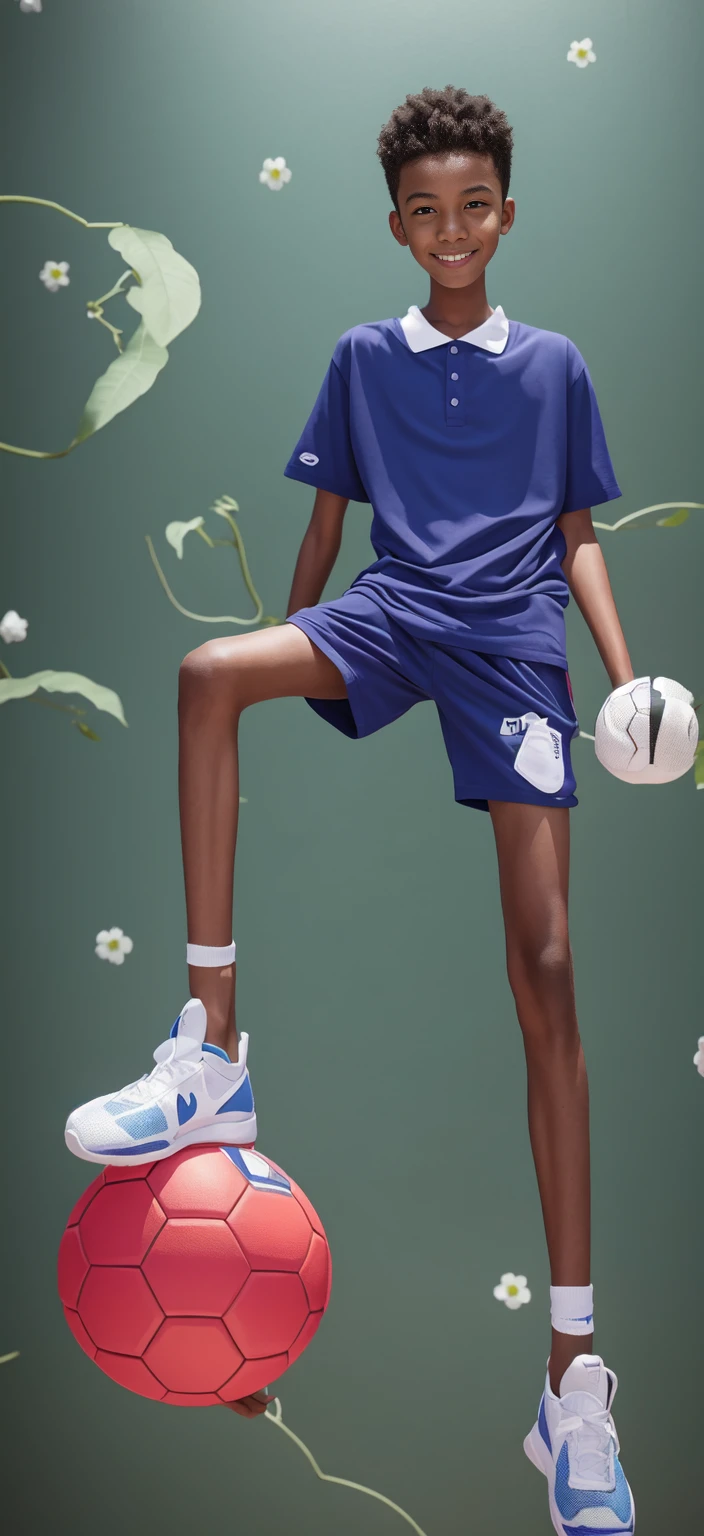 14 year old boy,(Wearing white tennis clothes,Wearing green socks),Dark skin,Big round eyes,Very short hair,Tall and skinny,Toothy Smile,Sharpen details,Knee muscle lines,Blue Background,Hold a bouquet of flowers in your hand