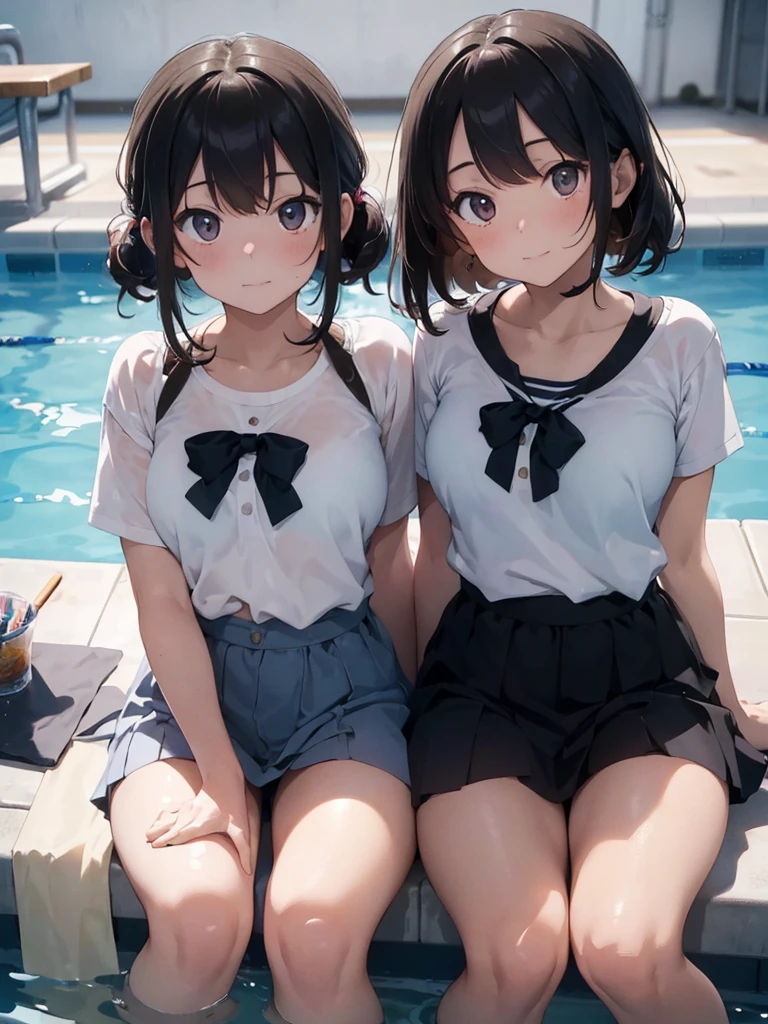 ((Highest quality)), ((masterpiece)), (detailed),Perfect Face,Strong light from the front,With front light,Two naked middle school sisters spread their legs in the school pool and show the camera a close-up of their naked crotches,