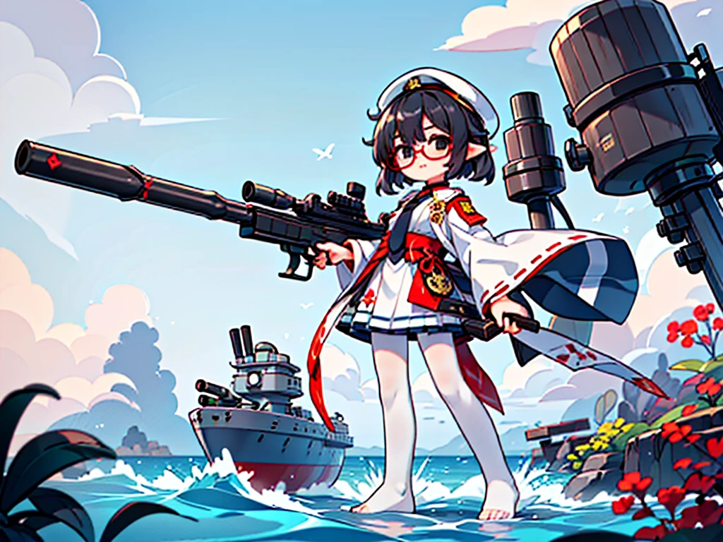 (((masterpiece, Vision))), ((((Full body of a woman with perfect flat chest、1 Female、solo、Short unkempt black hair、Tie your messy hair at the nape of your neck、white military jacket、Miko costume、black tights、Black glasses、White military cap、Cloudy black eyes、Confused eyes、Junyo-inspired emblem)))), (((Shipgirl))), ((Floating on the morning sea with both feet)), (Standing with your legs apart)), Aim, (Hold the shotgun turret grip with your right hand), (Four mechanical tentacles extending from its back each hold a turret), (Equipped with a bridge on the back), (His left arm holds the grip of a triple machine gun),