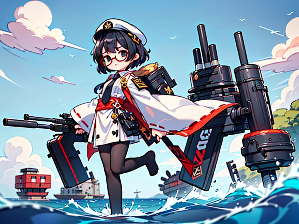 (((masterpiece, Vision))), ((((Full body of a woman with perfect flat chest、1 Female、solo、Short unkempt black hair、Tie your messy hair at the nape of your neck、white military jacket、Miko costume、black tights、Black glasses、White military cap、Cloudy black eyes、Confused eyes、Junyo-inspired emblem)))), (((Shipgirl))), ((Floating on the morning sea with both feet)), (Standing with your legs apart)), Aim, (Hold the shotgun turret grip with your right hand), (Four mechanical tentacles extending from its back each hold a turret), (Equipped with a bridge on the back), (His left arm holds the grip of a triple machine gun),