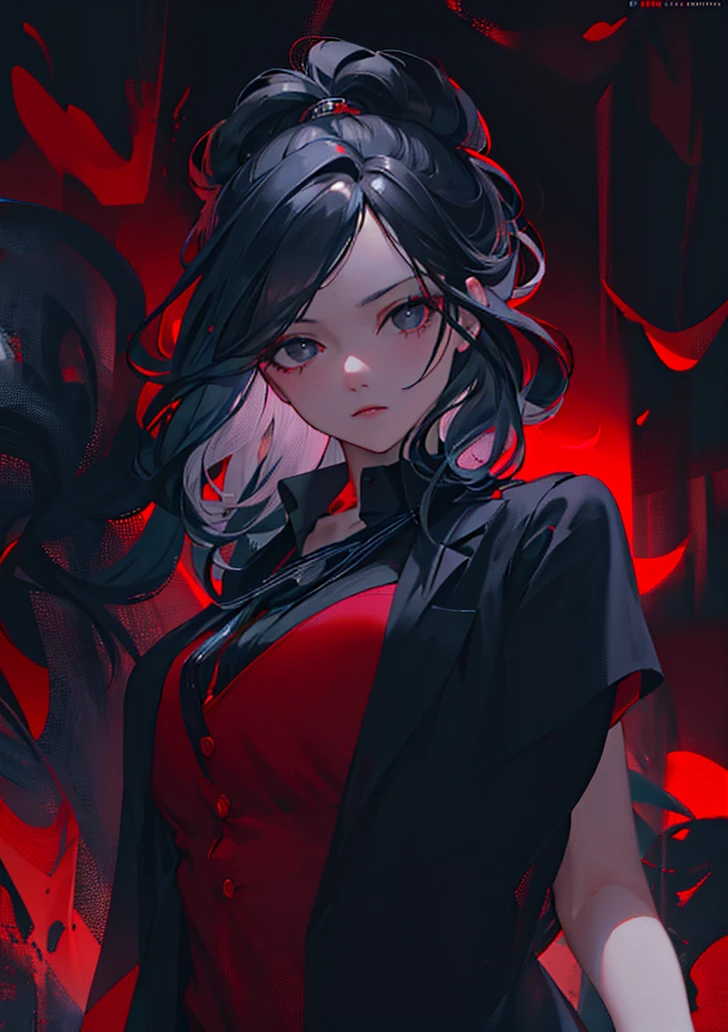 beautiful woman in business suit, long black hair, black eyes, looking at viewer, red background with details supernatural, macabre, supernatural creatures, intricate details, hyperrealistic, 8k, octane render, chiaroscuro lighting, cinematic composition, dramatic atmosphere, digital art