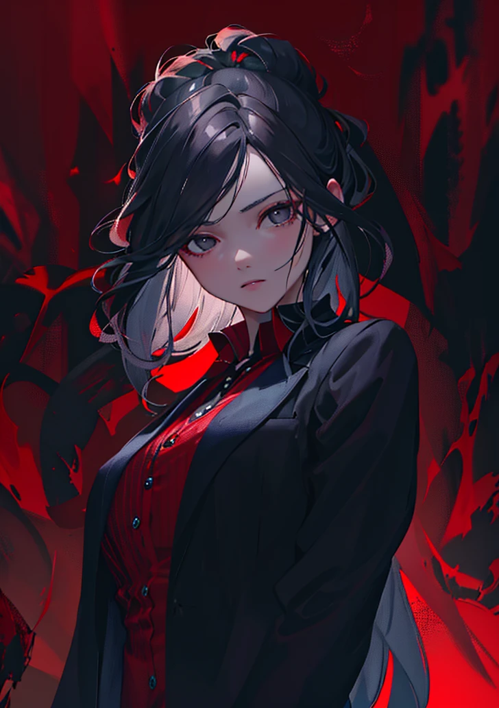 beautiful woman in business suit, long black hair, black eyes, looking at viewer, red background with details supernatural, macabre, supernatural creatures, intricate details, hyperrealistic, 8k, octane render, chiaroscuro lighting, cinematic composition, dramatic atmosphere, digital art