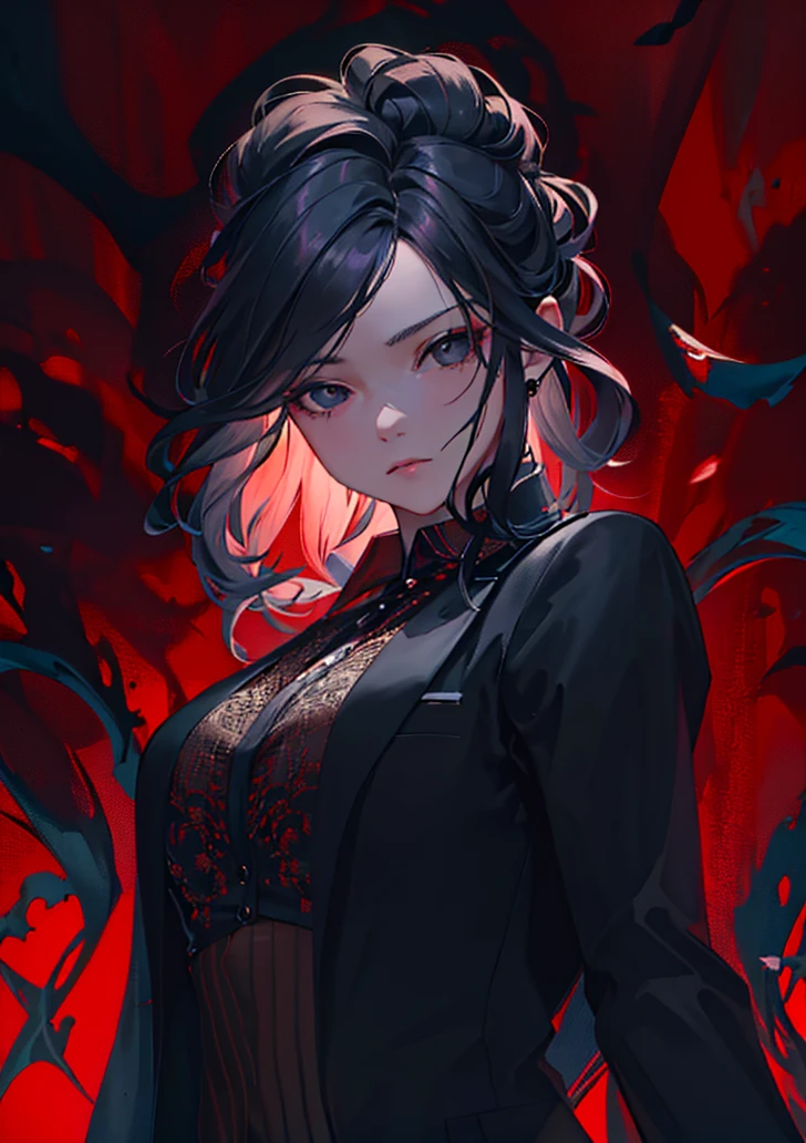 beautiful woman in business suit, long black hair, black eyes, looking at viewer, red background with details supernatural, macabre, supernatural creatures, intricate details, hyperrealistic, 8k, octane render, chiaroscuro lighting, cinematic composition, dramatic atmosphere, digital art