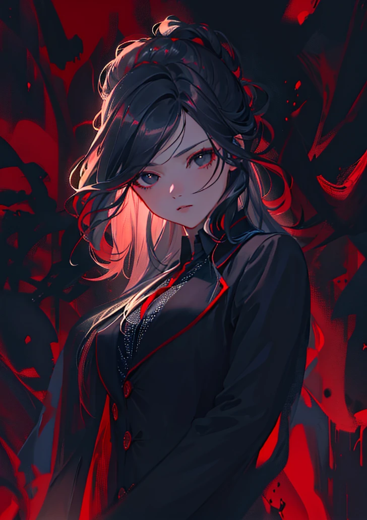 beautiful woman in business suit, long black hair, black eyes, looking at viewer, red background with details supernatural, macabre, supernatural creatures, intricate details, hyperrealistic, 8k, octane render, chiaroscuro lighting, cinematic composition, dramatic atmosphere, digital art