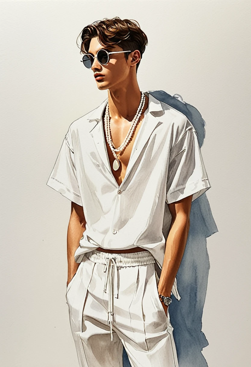 candid fashion illustration of young Mixed race 2man, both aged 23 year old, ((showcase fashion look book in mixed pale Earth-tone outfits)), inspired by Jacquemus's resort collection 2022, in elegant young chic Nautical style. The man wears an oversized short-sleeved stripe shirt with lace details, paired with relaxed-fit white Wide Leg short pants, comfortable and a classic silhouette. He completes his look with white sneakers and round glasses. The 2man complements him in a white mini thong with thick bugle, open shirt, He ensemble includes an accessorizes with a brimmed straw hat, white sneakers, Captured in a dynamic angle, ((full-body image)), ((imperfect pale water color background)), sketching, realistic drawing, imperfect water color drawing, fashion look book, fashion illustrator, sketch design, Chic, sexy, water color palette, high quality
