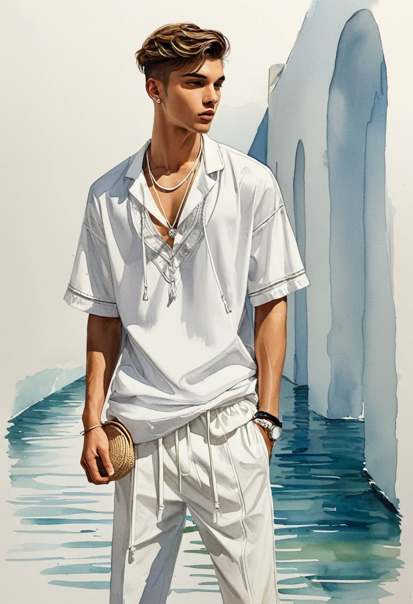 candid fashion illustration of two young mixed male supermodel, both aged 20 year old, ((showcase fashion look book in a White rayon outfits)), inspired by rose flower, in elegant young and chic bohemian style. The man wears an oversized short-sleeved off-white stripe shirt with a minimal lace details, paired with relaxed-fit white Sports pants with Drawstring, He completes his look with white sneakers and round glasses. The 2man complements him in a white cotton woven outfit with  lace details, He ensemble includes an accessorizes with a brimmed straw bag, pom-pom necklace and white sneakers. Captured in a low angle, ((full-body image)), ((imperfect water color background)), sketching, realistic drawing, ((imperfect water color drawing)), fashion look book, fashion illustrator, sketch design, Jacquemus, Chiangmai,