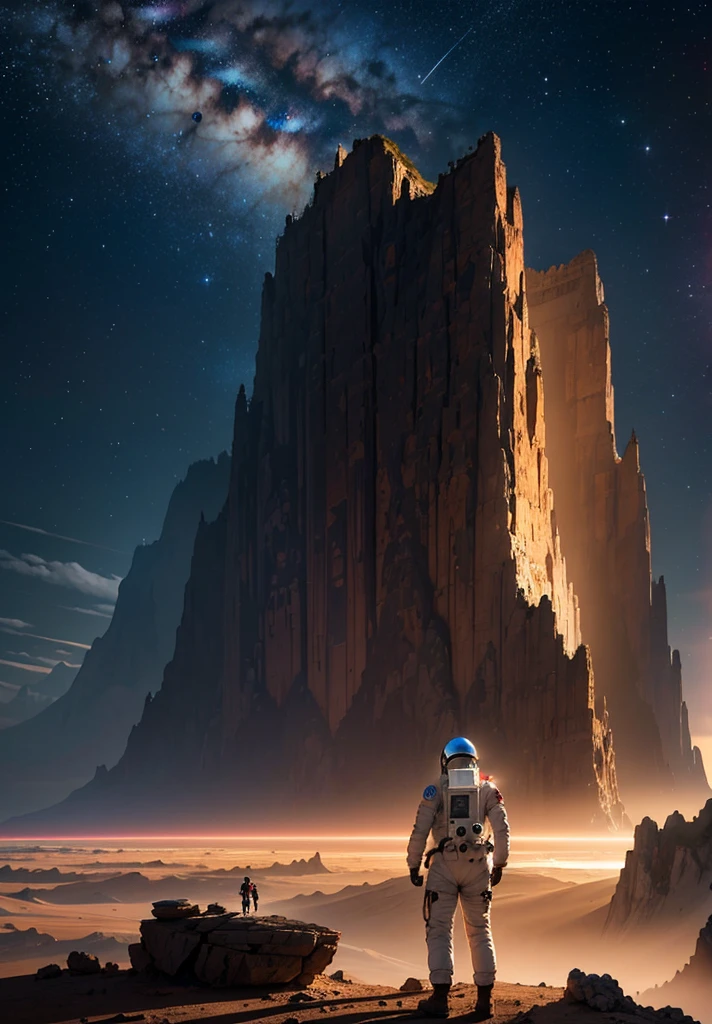An astronaut stands in awe, gazing up at a colossal mountain that looms majestically in front of them on the Martian surface. The scene is bathed in the soft, ethereal glow of a starry night sky, with countless stars casting their light over the barren, rocky landscape. The mountain, with its rugged and imposing features, rises high into the sky, its peak disappearing into the darkness.
The astronaut's suit, faintly illuminated by the lights from their helmet, adds a touch of human presence to the vast, alien terrain. Scattered rocks and stones lie at their feet, while the gentle slopes and sheer cliffs of the mountain create a dramatic backdrop. The atmosphere is peaceful and contemplative, capturing the profound beauty and solitude of the Martian night as the astronaut stands still, taking in the grandeur of the towering mountain before them.