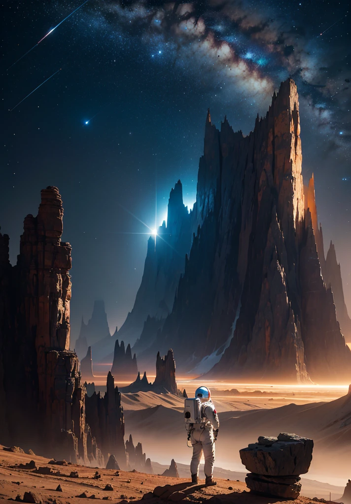 An astronaut stands in awe, gazing up at a colossal mountain that looms majestically in front of them on the Martian surface. The scene is bathed in the soft, ethereal glow of a starry night sky, with countless stars casting their light over the barren, rocky landscape. The mountain, with its rugged and imposing features, rises high into the sky, its peak disappearing into the darkness.
The astronaut's suit, faintly illuminated by the lights from their helmet, adds a touch of human presence to the vast, alien terrain. Scattered rocks and stones lie at their feet, while the gentle slopes and sheer cliffs of the mountain create a dramatic backdrop. The atmosphere is peaceful and contemplative, capturing the profound beauty and solitude of the Martian night as the astronaut stands still, taking in the grandeur of the towering mountain before them.