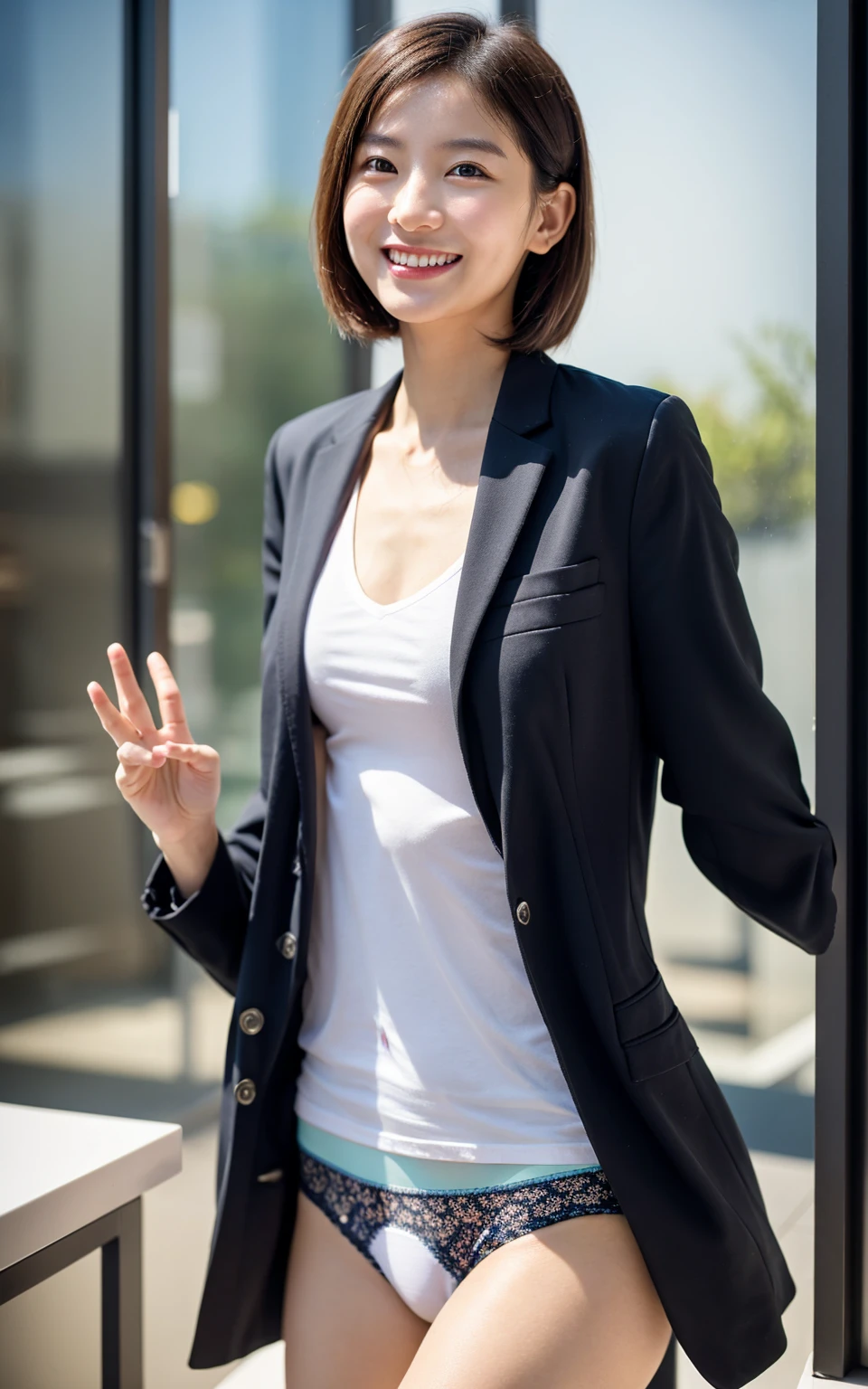 Raise your hand,（（（Inside the company）））、Wearing a business jacket,Wear a shirt,look at the camera with a smile、（Panties:1.5）、woman, 20-year-old, Short Hair,私のPantiesを露出させてください...、(レースのPantiesー)、(Tilt your head a little)、Detailed skin、Detailed skin、Detailed Sweat