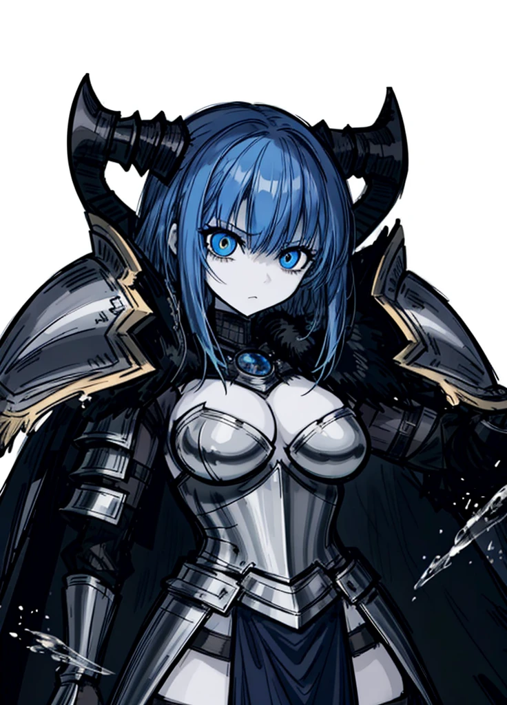 1girl, pale skin, blue eyes, blue hair, gladiator, heavy armor, cape, nice clothes, (high resolution, high detail, best quality),
black background, serious