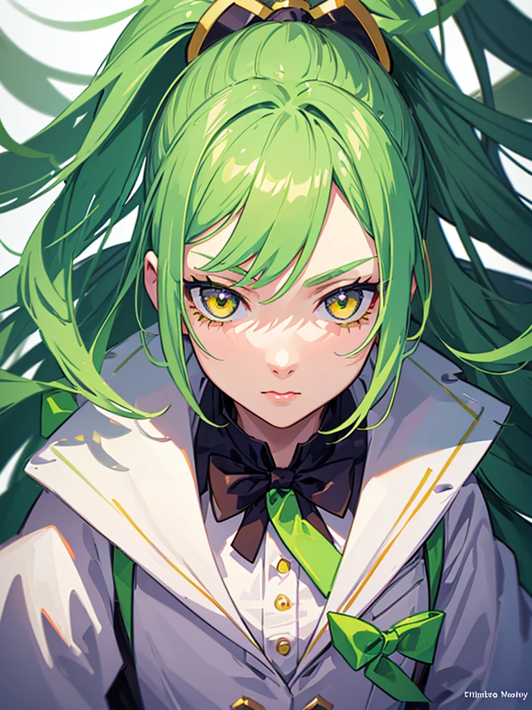 1girl,9 year old girl,green hair,yellow eyes,ponytail,white suit,green overall,Purple bow tie,upper body,hyper detailed,cinematic lighting,highly detailed facial features,extremely detailed eyes,beautiful detailed lips,beautiful detailed nose,best quality,masterpiece