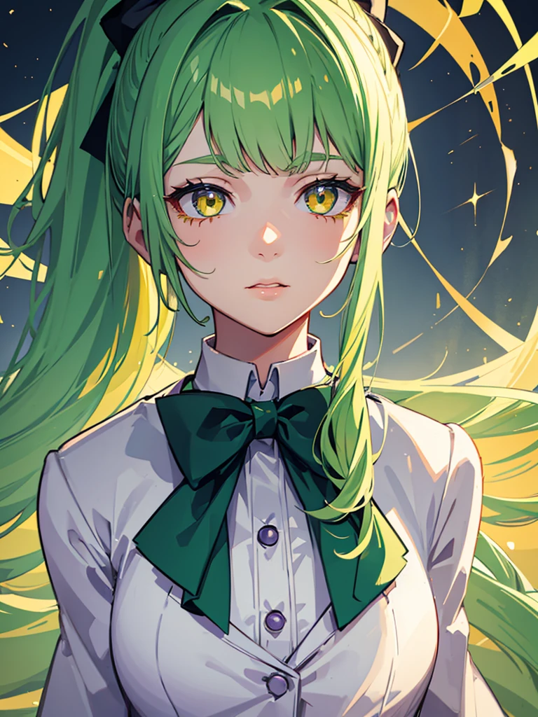 1girl,9 year old girl,green hair,yellow eyes,ponytail,white suit,green overall,Purple bow tie,upper body,hyper detailed,cinematic lighting,highly detailed facial features,extremely detailed eyes,beautiful detailed lips,beautiful detailed nose,best quality,masterpiece