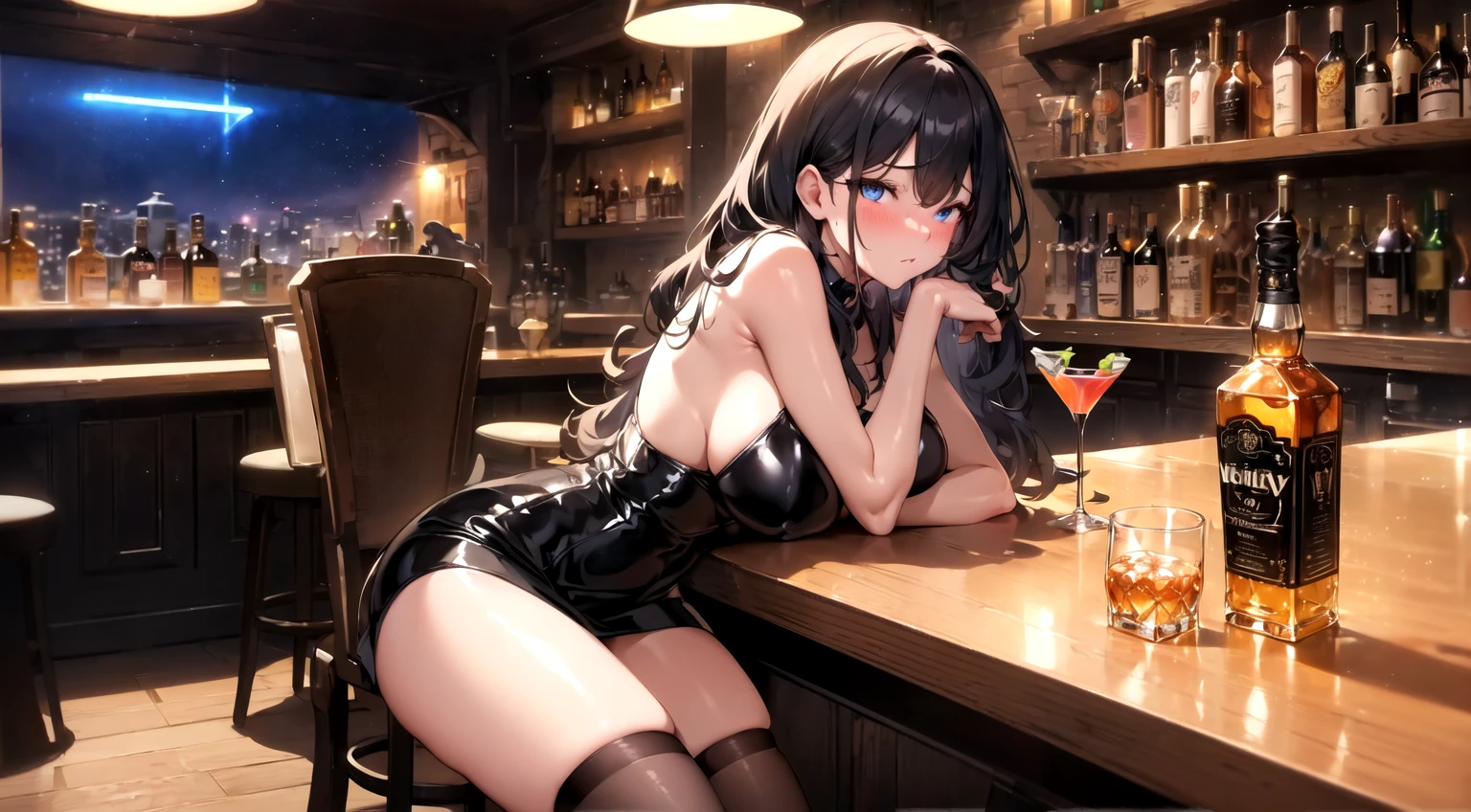best quality, 4K, high resolution, masterpiece:1.2, Extremely detailed),Sad expression looking at the camera,Large Breasts,30 years old girl,独奏,black hair,long hair,blue eyes,(drunk,blush),sitting,drinking,((Mature sexy body)),Black stockings,Black tight skirt, Mature sexy body,holding mug,counter,pub,(Fashion bar) indoors, ((Cocktail Glass) Full of colorful wine), (dimly light room), Wine Bottle, Detailed background,Fluffy hair,((((Night scene background))))), (((at the bar))), wine, whiskey, High ball,(Shiny and glowing, Effect:1.2)