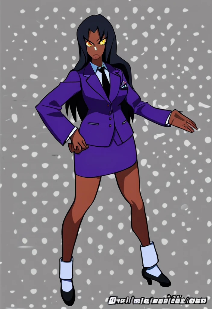Make a evil military black anime woman in a purple skirt suit witha tie on full body