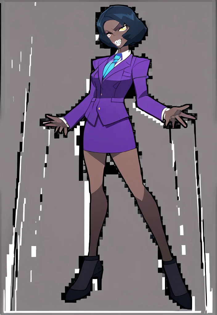 Make a evil military black anime woman in a purple skirt suit witha tie on full body
