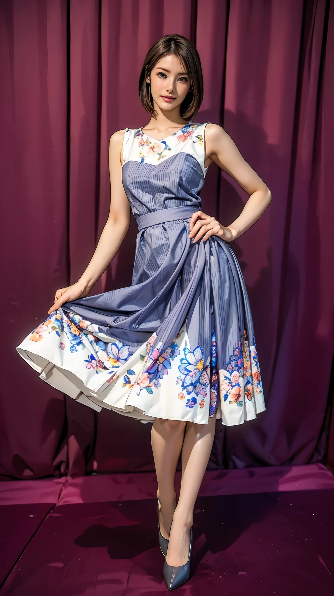 ((masterpiece)),(((Highest quality))),Thin thighs,Long legs,whole body:1.5，(One Girl:1.3),(Black pantyhose and thick pointy heels：1.3),(Wearing a floral striped mid-long flared skirt dress:1.2),Short blonde hair:1.2、Model pose with legs spread wide，