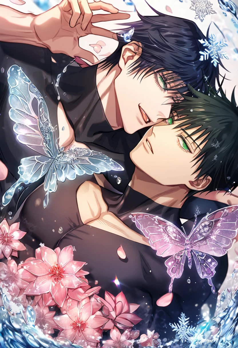 Ultra detailed, HDR, Highres, absurdres, master piece, Fushiguro Touji, black straight hair, expressive green eyes, Fushiguro Megumi, black hair, expressive green eyes, Jujutsu Kaisen, two sexy man together, gay couple, handsome, ice glittering butterflies, ice, petals, pink ice flowers, cute, glittering, water, fantasy, magical, snowflakes, cold, black tight shirt, toned chest