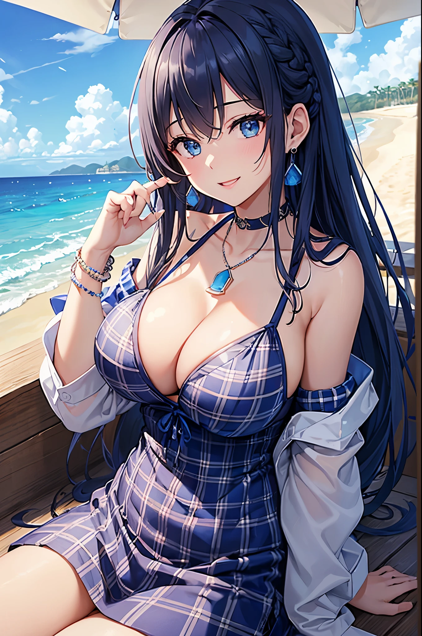 Highest quality、Highest quality、masterpiece、(8K),beauty(Age 25)、Navy blue long hair(Braiding of sides)、blue eyes、Sexy Bikini(Plaid)、Big cleavage、(Big Breasts)、smile、blue necklace、Blue Earrings、background(Beach)、Please open your mouth wide、bracelet、Arch Pose、Blue choker
