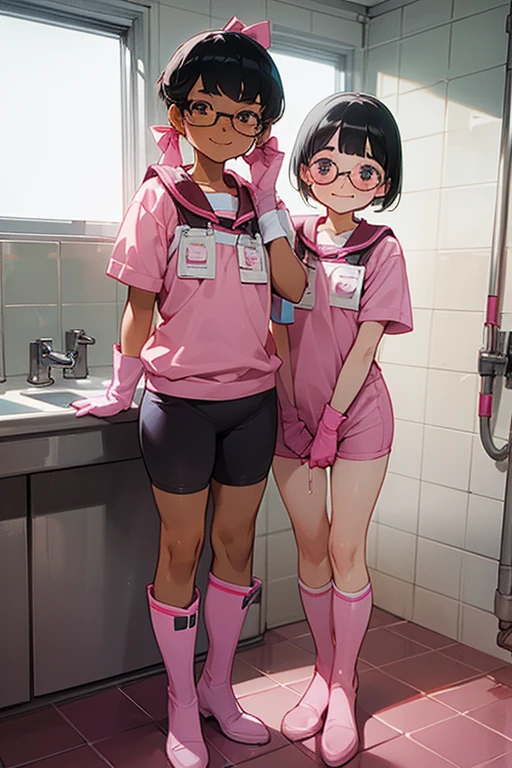 Two elementary school students with freckles and glasses, wearing short-sleeved gym clothes, black hair tied up, and narrow eyes, wearing large pink rubber gloves and white rubber boots, smiling and cleaning the school toilets.