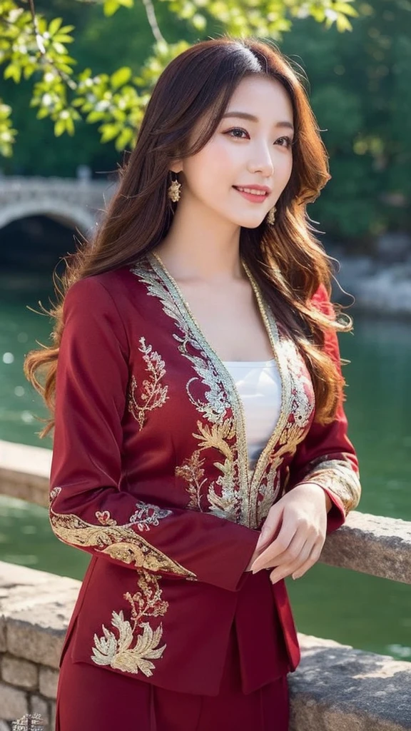 (lifelike, high resolution:1.3), close up,Chinese Beauty,An old stone bridge in the background,Water gurgles under the bridge,The night is filled with a light mist。She has a string of red agate hanging around her neck.,Warm color。She has retro wavy hair,Smile,There was a subtle glimmer of wit in his eyes.。She was wearing a dark red Tang suit.,Gold embroidery on cuffs,Noble and mysterious。Under high-definition lens,Her style is like an exquisite card,It's hard to look away。