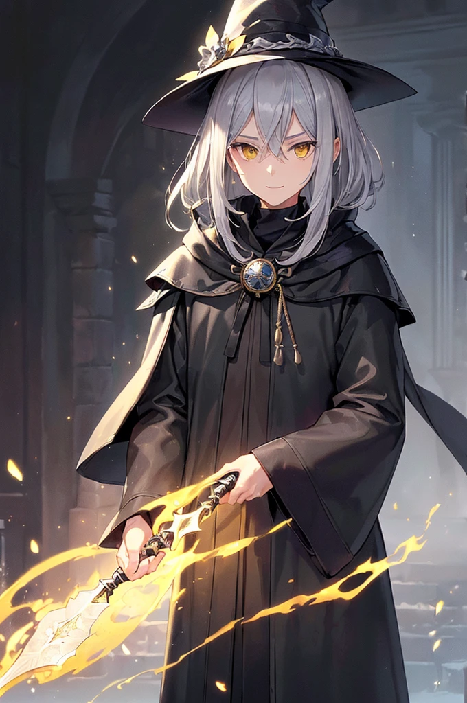 (masterpiece; best quality: 1.2), (finely detailed eyes: 1.3), ((70-years-old man)), ((solo)), (yellow eyes: 1.4), (body; lean, old, mature: 1.3), (long gray hair: 1.3), (beautiful and clear background: 1.2), ((depth of field)), (equipment: traveler mage dark robe + dark pointed hat + dark cloak: 1.3), (anime illustration: 1.2), (background composition; palace garden exterior: 1.1), (extremely fine and handsome: 1.1), (shot composition; standing + centered on torso + close-up: 1.5), (expression; calm, smile: 1.2)