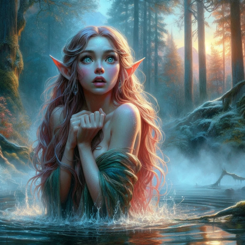 a woman with long blue hair hair and elf make-up stands in a stream, 4k fantasy art, detailed fantasy digital art, hyper-realistic fantasy art, Realistic fantasy artwork, beautiful fantasy art, HD-Fantasy-Kunst, detailed fantasy art, realistic fantasy painting, very beautiful fantasy art, digital art fantasy art, 4k highly detailed digital art, Detailed digital art in 4K, amazing fantasy art