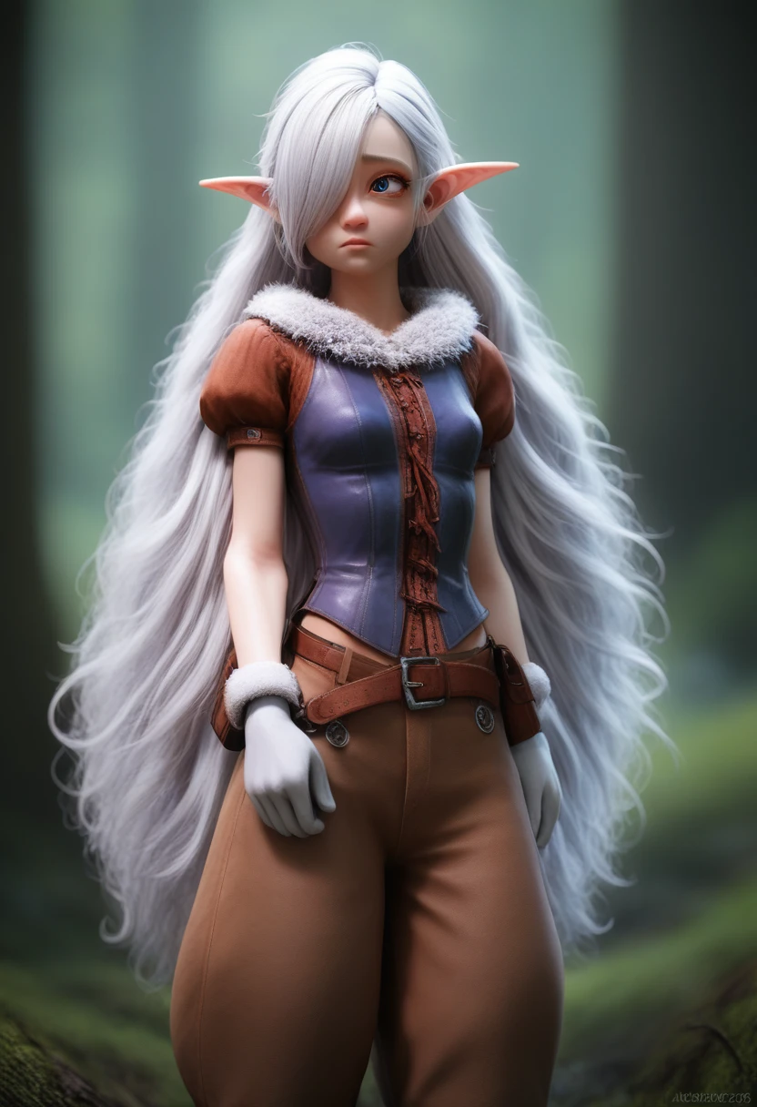 a girl with pale skin, short stature, very long wavy silver hair covering one eye, small breasts, pouty lips, and bright blue anime-style eyes with long lashes, wearing a corset, white puffy long sleeved shirt, and puffy cloth pants, leather bound boots, set in a windy fantasy landscape, (best quality,4k,8k,highres,masterpiece:1.2),ultra-detailed, dungeons and dragons, long elf ears,  girl, detailed skin and cloth textures, cute detailed face, intricate details, extremely detailed, 1girl, dynamic pose with hair covering one eye, shy personality, puffy cloth pants with leather belt, detailed privateer outfit, detailed buccaneer outfit, pouch on belt, wearing ornate leather armor with fur trim, silver inlay detail, wearing fur trimmed boots, wearing fur trimmed gloves, short, short height, halfing girl, small girl, very long detailed flowing hair, big head, big round eyes, windy, wind blown hair, wirey muscles, fighter