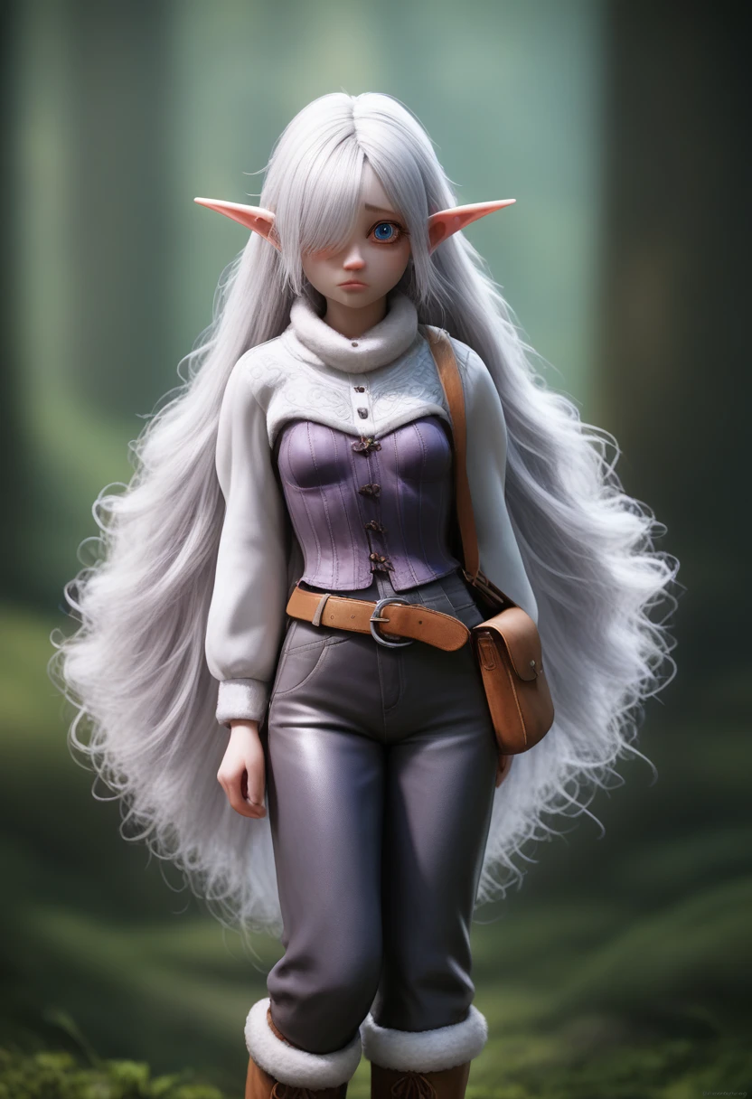 a girl with pale skin, short stature, very long wavy silver hair covering one eye, small breasts, pouty lips, and bright blue anime-style eyes with long lashes, wearing a corset, white puffy long sleeved shirt, and puffy cloth pants, leather bound boots, set in a windy fantasy landscape, (best quality,4k,8k,highres,masterpiece:1.2),ultra-detailed, dungeons and dragons, long elf ears, small girl, detailed skin and cloth textures, cute detailed face, intricate details, extremely detailed, 1girl, dynamic pose with hair covering one eye, shy personality, puffy cloth pants with leather belt, detailed privateer outfit, detailed buccaneer outfit, pouch on belt, wearing ornate leather armor with fur trim, silver inlay detail, wearing fur trimmed boots, wearing fur trimmed gloves, short, short height, halfing girl, small girl, very long detailed flowing hair, big head, big round eyes, windy, wind blown hair, wirey muscles, fighter