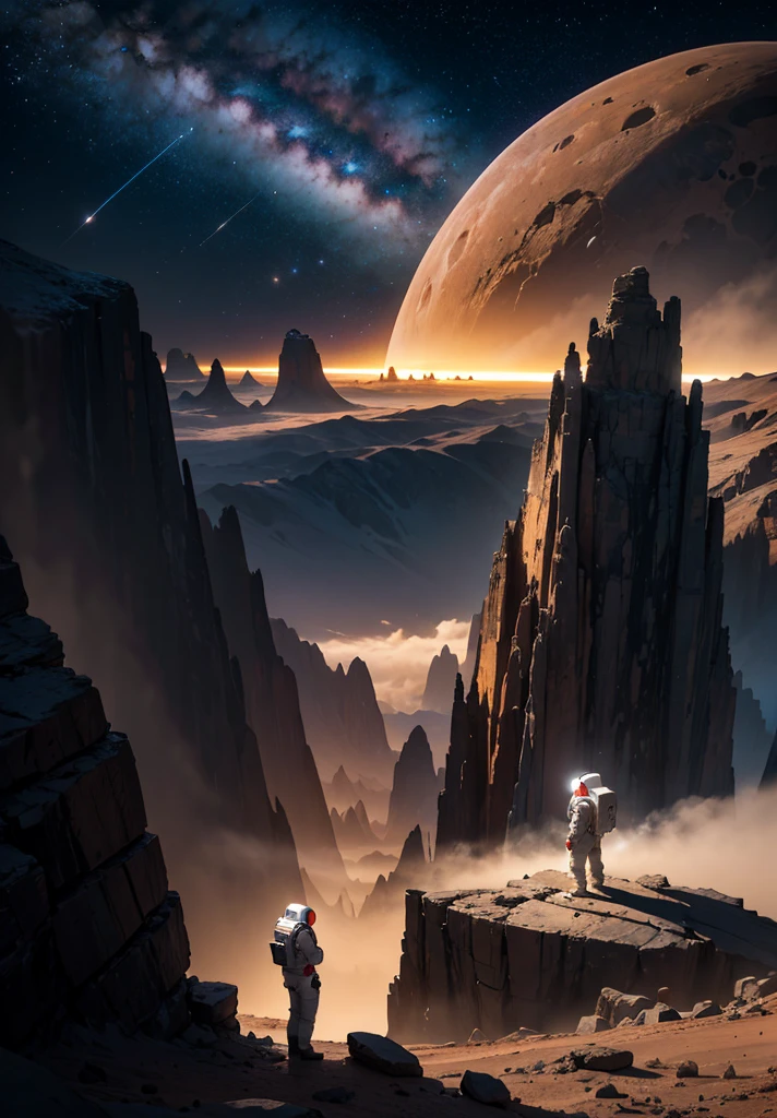 An astronaut stands in awe, gazing up at a colossal mountain that looms majestically in front of them on the Martian surface. The scene is bathed in the soft, ethereal glow of a starry night sky, with countless stars casting their light over the barren, rocky landscape. The mountain, with its rugged and imposing features, rises high into the sky, its peak disappearing into the darkness.
The astronaut's suit, faintly illuminated by the lights from their helmet, adds a touch of human presence to the vast, alien terrain. Scattered rocks and stones lie at their feet, while the gentle slopes and sheer cliffs of the mountain create a dramatic backdrop. The atmosphere is peaceful and contemplative, capturing the profound beauty and solitude of the Martian night as the astronaut stands still, taking in the grandeur of the towering mountain before them.