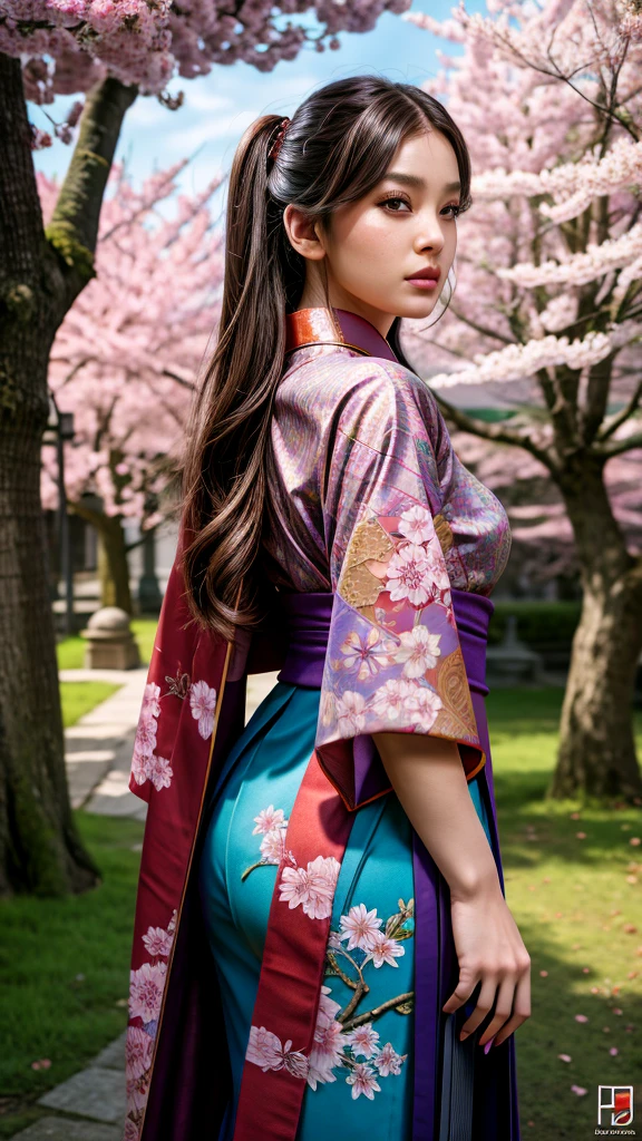 ((front view)), 1 girl (wearing a small kimono),cherry trees in background, big breasts, huge cleavage, photoreal render,high contrast image, rendering by octane,zbrush。character design,realisticlying,unreal-engine,ultra - detailed,concept-art,trends in art station。 ((best quality)), ((masterpiece)), ((realistic)), (detailed), (brown eyes:1.2), highly detailed skin and hair, Fantasy art,stunning gradient colors,detailed back ground,extremely detaile, tmasterpiece),HDR,,